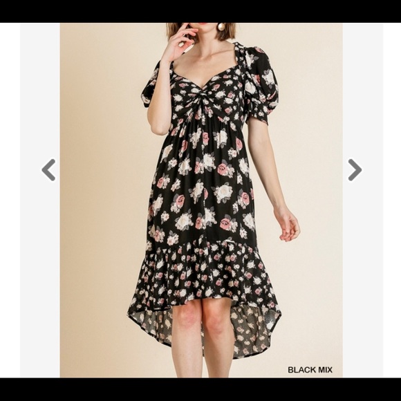 💥SALE 💥Umgee - Puff Sleeve Floral Print Hi/Low Dress - Picture 2 of 5